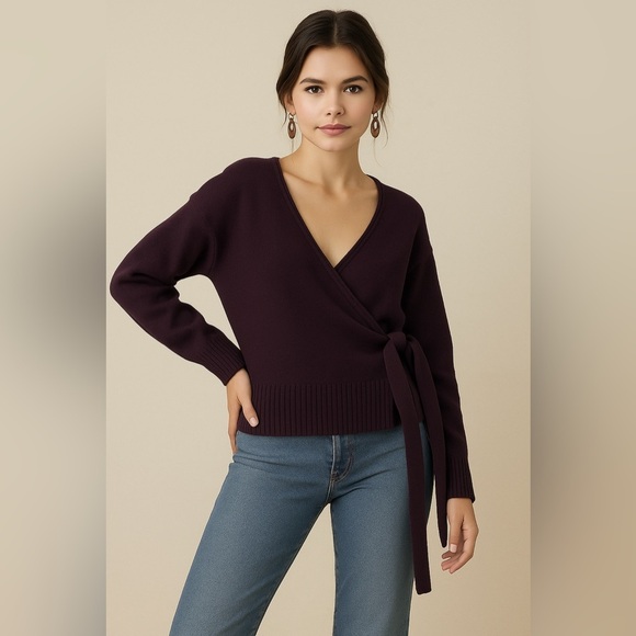 Skies are Blue Faux Wrap Tie Sweater Plum Color Medium - Picture 1 of 10